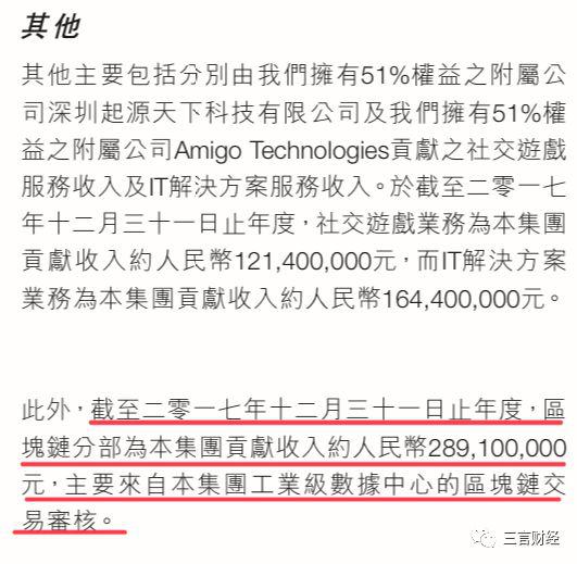 中新控股2017年報中對區塊鏈業務收入描述