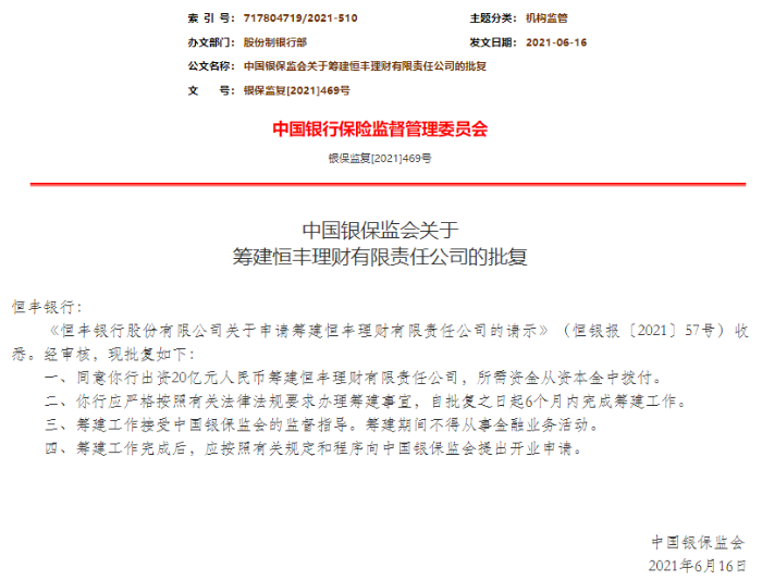 中國銀保監會關于籌建恒豐理財有限責任公司的批復