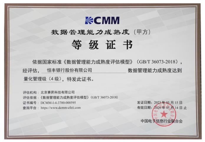 行業先進 恒豐銀行榮獲數據管理能力成熟度量化管理級認證
